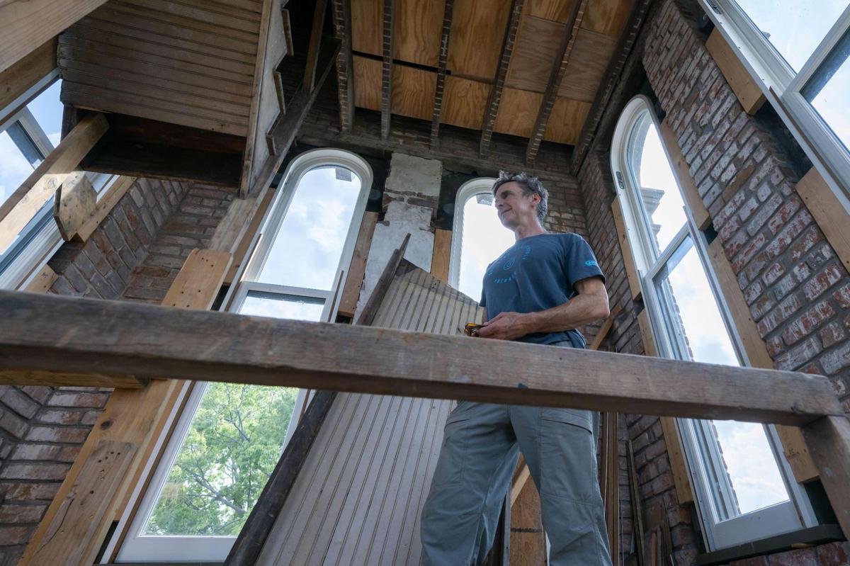 Mike Heitmann, the remodeler of Sauer Castle, a mansion built in the 1800s, on Friday, July 11, 2025 in Kansas City, Kansas. Heitmann says that the neighbors and Wyandotte County officials have been very supportive in his quest to remake this neighborhood landmark.