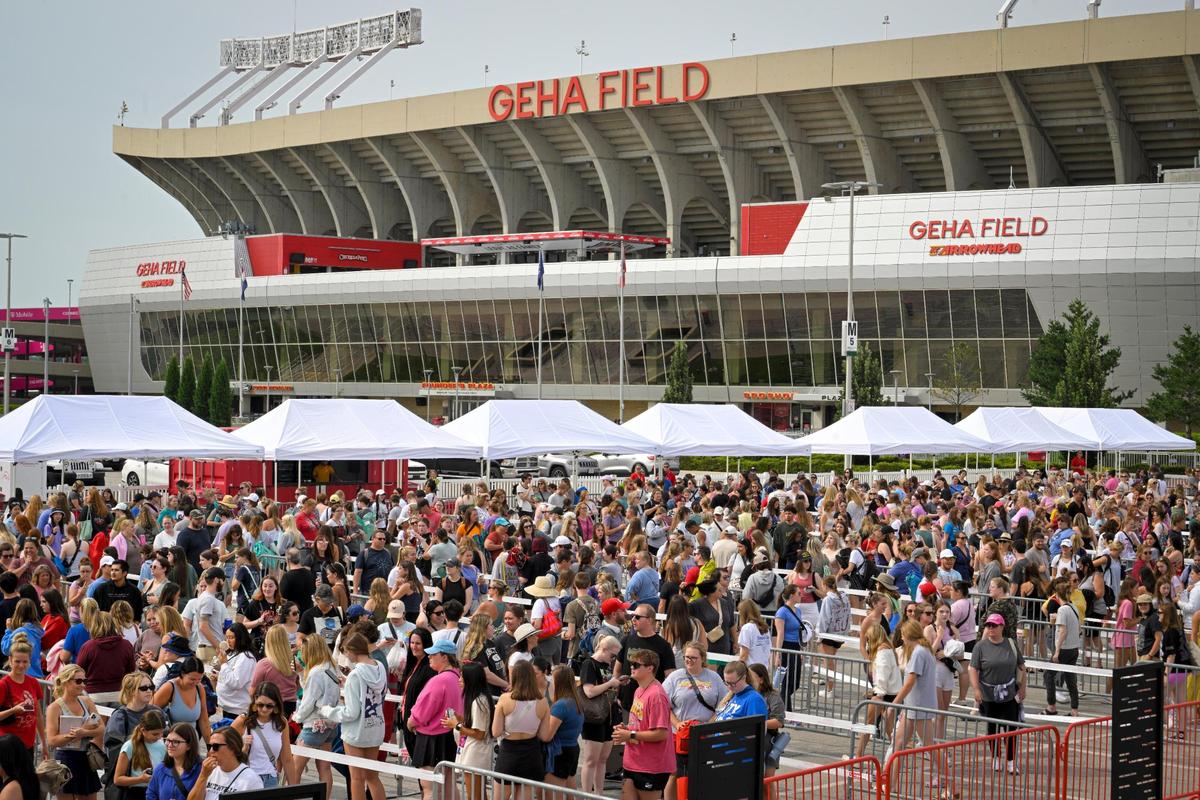 Swifties, fans of Taylor Swift, waited in line to buy The Eras Tour merchandise on Thursday, July 6, 2023, at Arrowhead Stadium in Kansas City.