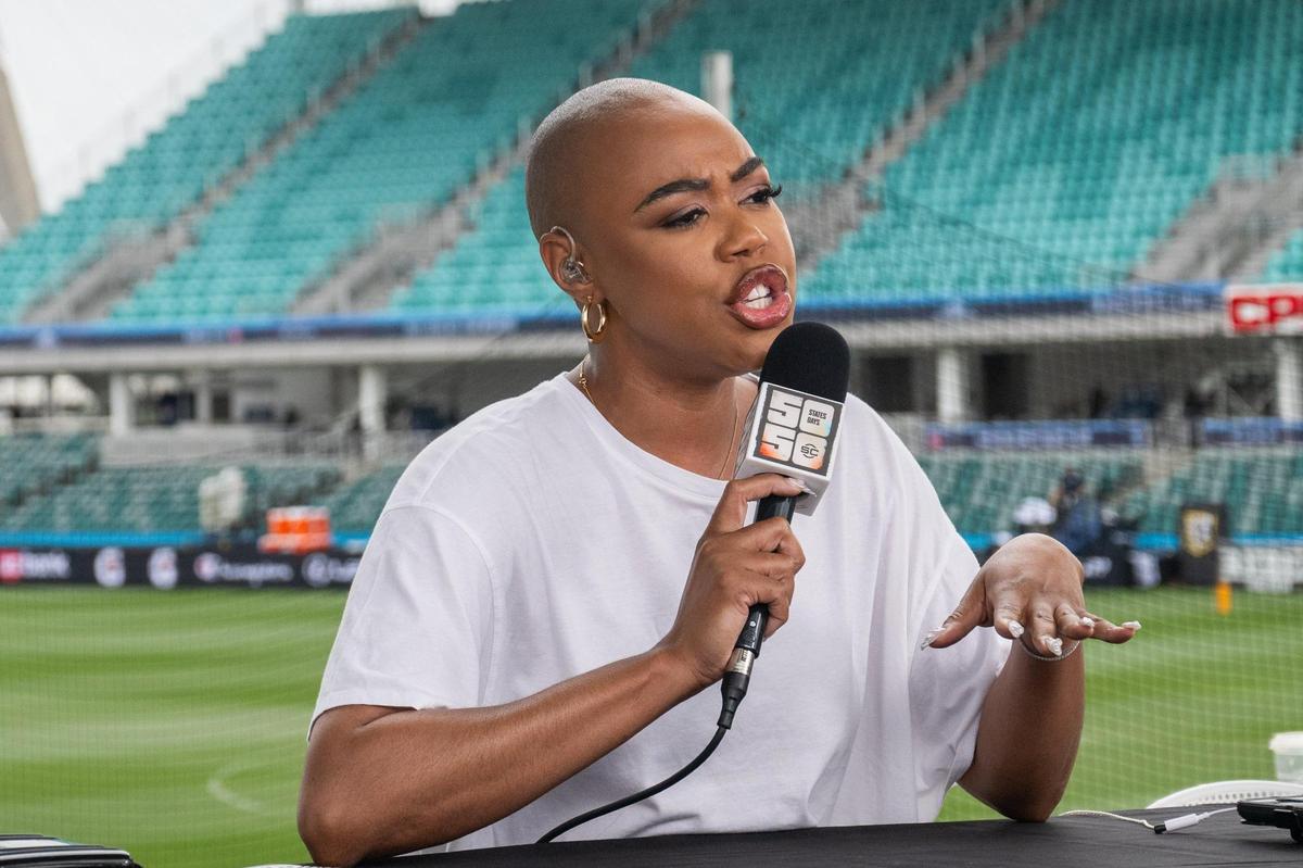 ESPN anchor Christine Williamson reporting on the PLL All-Star Game for the network’s ’50 States in 50 Days’ run at CPKC Stadium in Kansas City on Saturday, July 5, 2025.