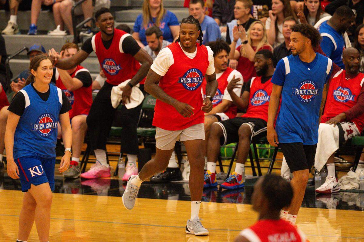 Brandon Rush smiles as he runs down the court during the Rock Chalk Roundball Classic at Free State High in Lawrence, Kansas on Thursday, June 4, 2026.