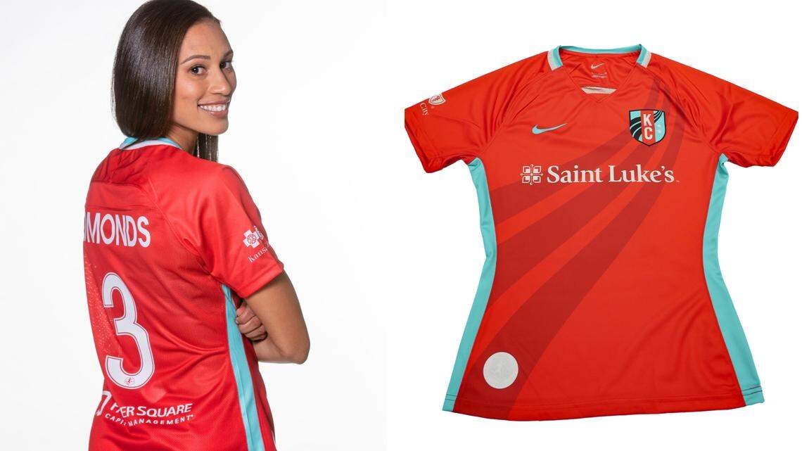 Kristen Edmonds of the KC Current models the club’s latest kit, or jersey combo, released on Friday ahead of this weekend’s NWSL regular-season home opener.
