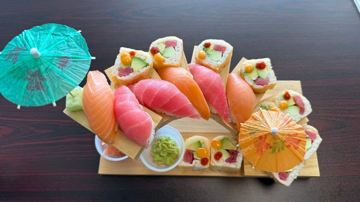 The Chef Special (rice, soy sheets, avocado, sesame seeds, tuna, salmon and cucumber) is one of several sushi options at DeiRel Sushi.