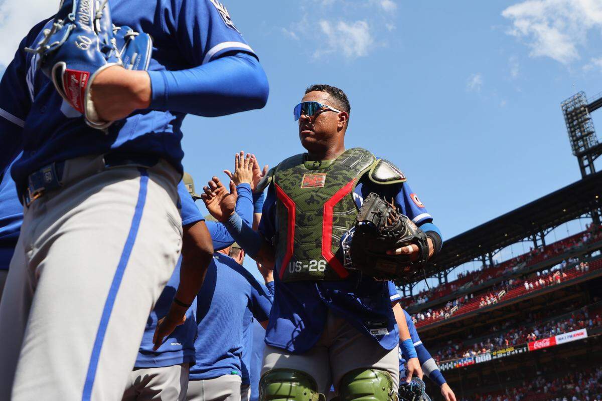 Kansas City Royals catcher and team captain Salvador Perez celebrates KC’s 2-0 victory over the Cardinals in an I-70 Series finale at Busch Stadium in St. Louis on Sunday, May 17, 2026.
