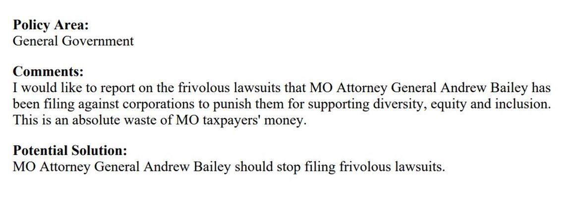 A screenshot of a submission to Missouri’s DOGE portal centered on criticism of Attorney General Andrew Bailey.