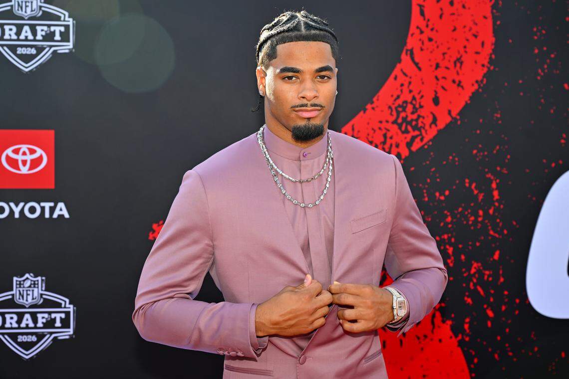 Cornerback Mansoor Delane arrives for the NFL 2026 NFL Draft at Acrisure Stadium in Pittsburgh on Thursday, April 23, 2026. Delane played at LSU last season and was selected by the Kansas City Chiefs with the No. 6 overall pick.