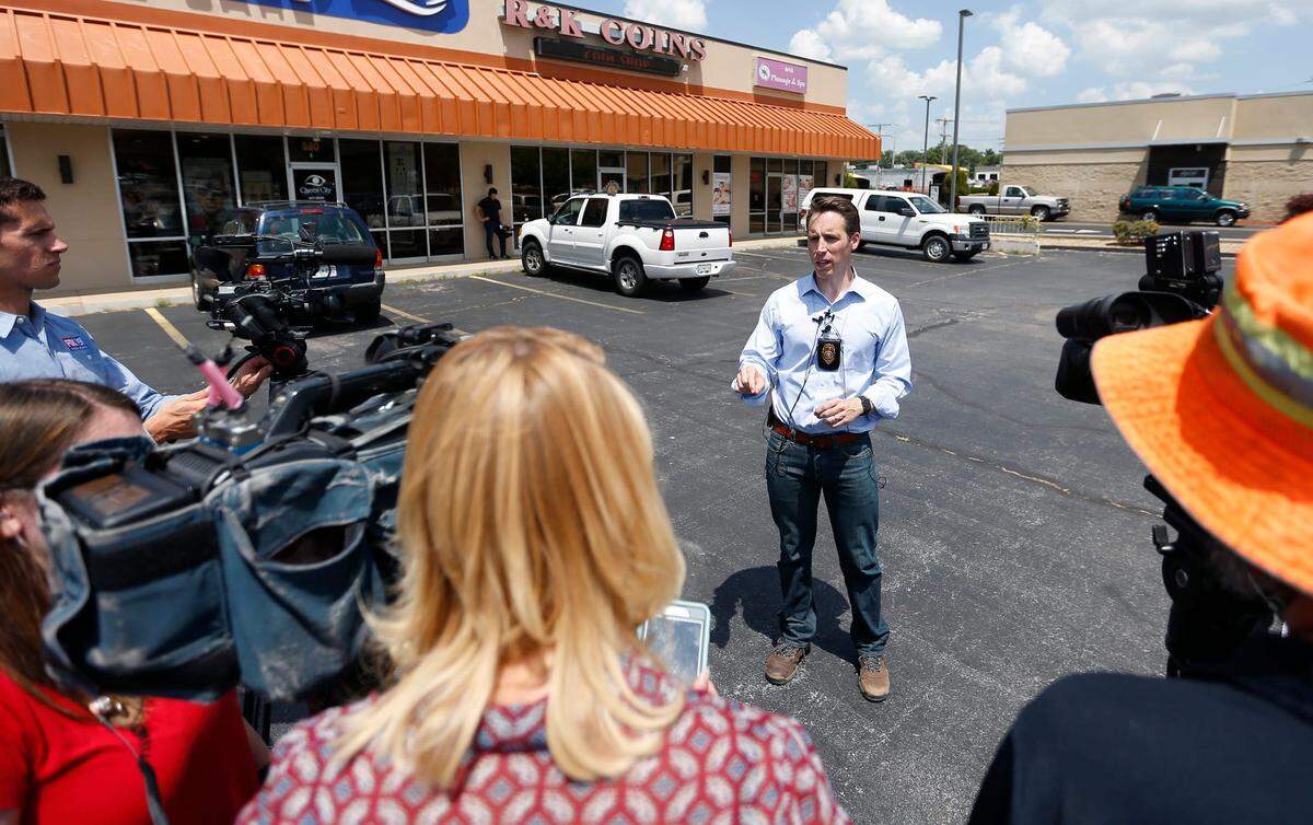 In 2017 Josh Hawley, then the attorney general for Missouri, talks about search warrants carried out at 13 massage parlors in Greene County as part of a human trafficking investigation. The operation resulted in no felony charges, according to the Springfield News-Leader. Credit: Nathan Papes/Springfield News-Leader