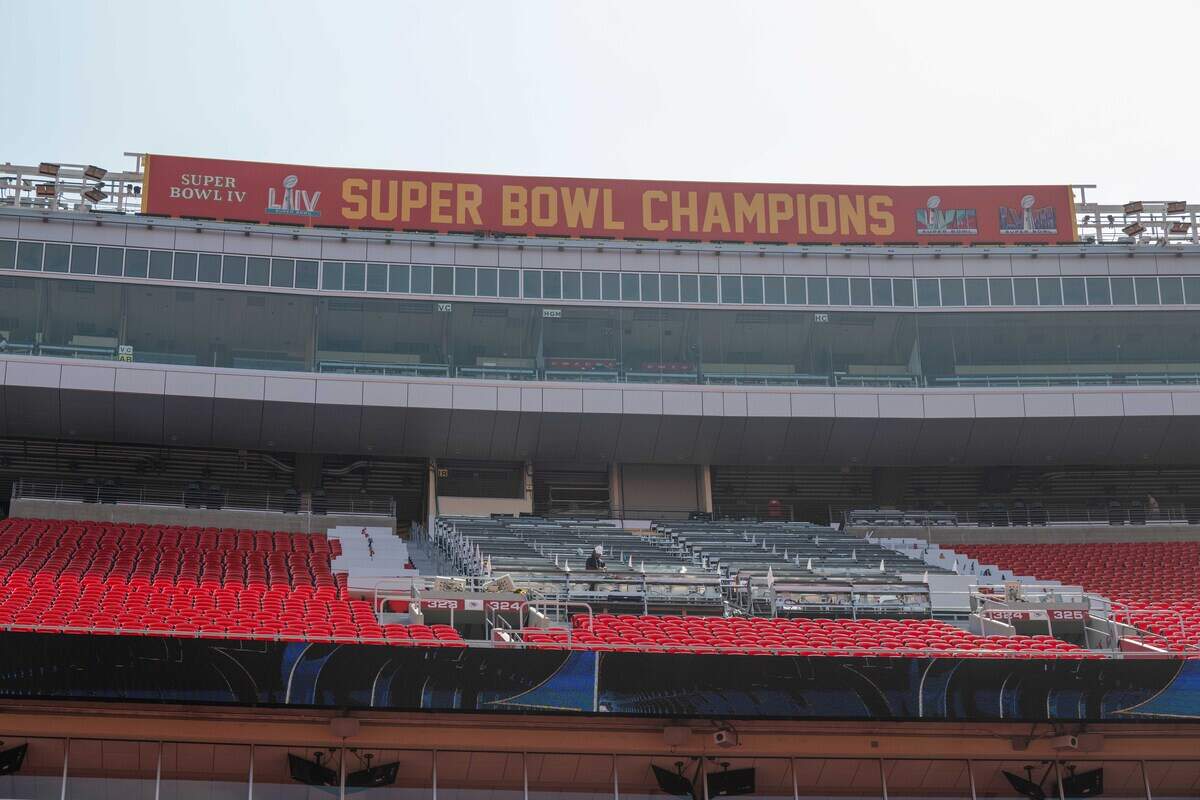 The Kansas City Chiefs’ Super Bowl champions banner hangs at the top of the stadium ahead of the World Cup, on Monday, June 8, 2026, at Kansas City Stadium. The banner is one of few signs remaining that represent the home team at what is typically called GEHA Field at Arrowhead Stadium.
