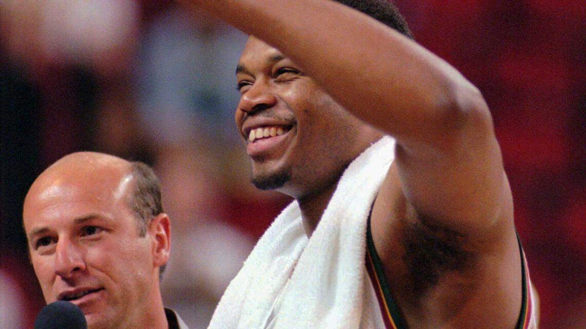 Sam Perkins, right, who starred at North Carolina before enjoying a fine career in the NBA in Seattle and elsewhere, is among this year's college hoops hall of fame inductees. The ceremony will be in KC in November.