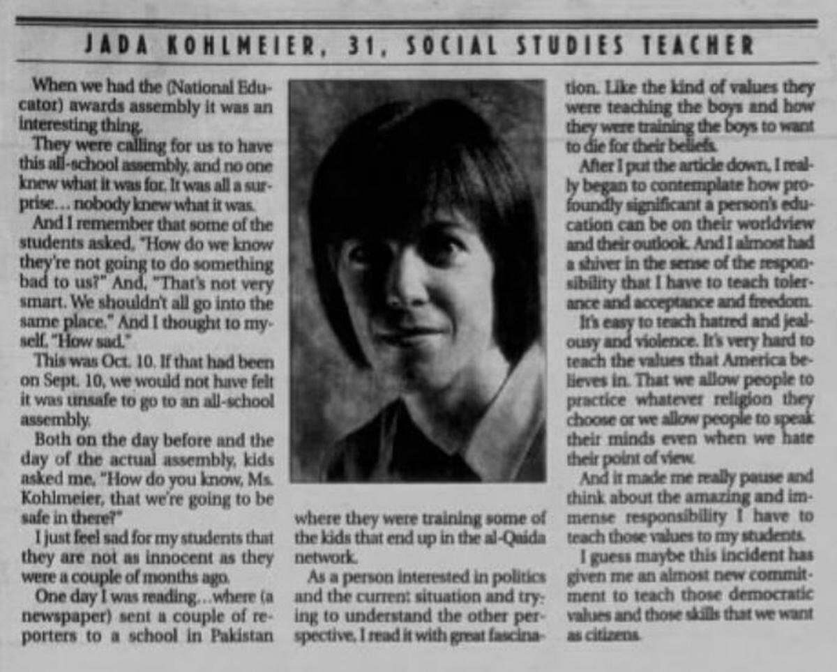 Jada Kohlmeier’s interview in The Kansas City Star on Nov. 11, 2001