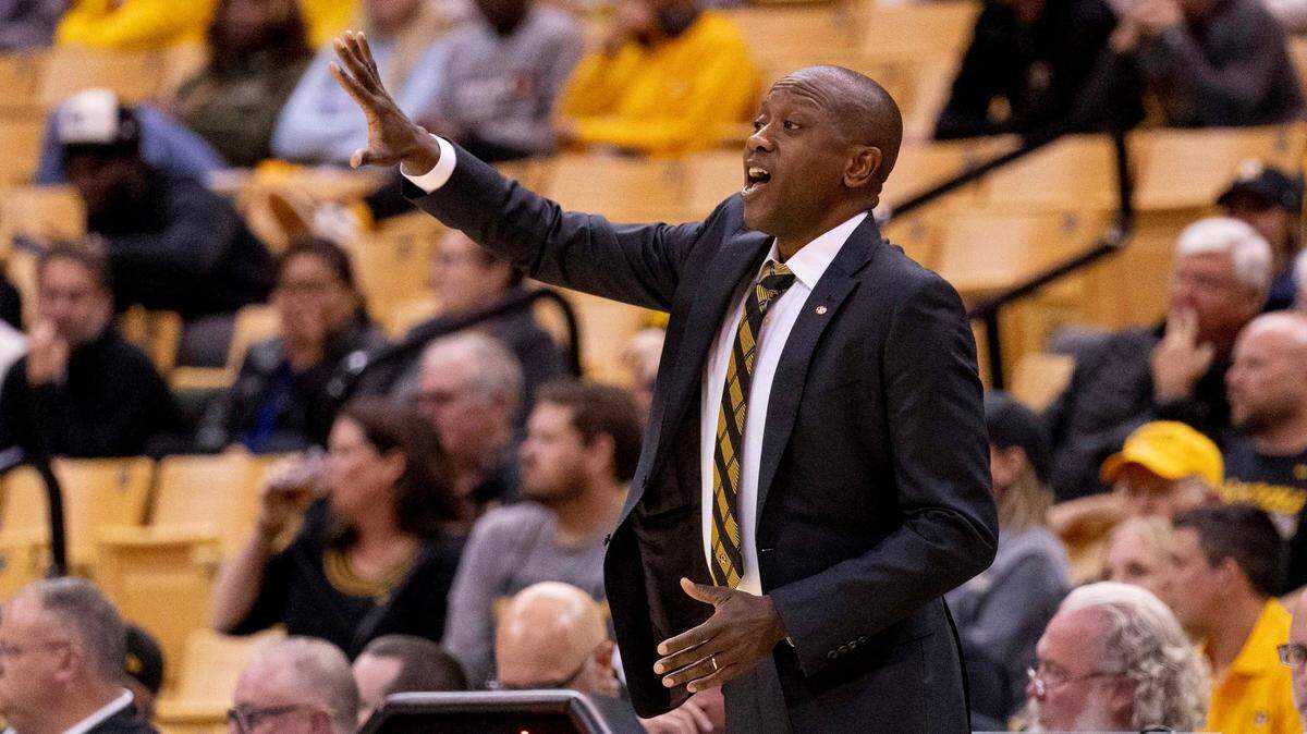 Missouri men’s basketball coach Dennis Gates positions his players during Monday’s season opener against Southern Indiana at Mizzou Arena.