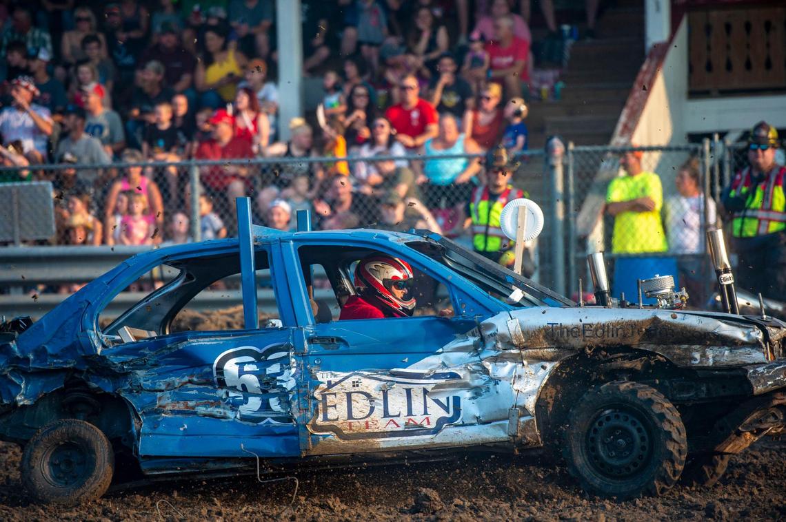 Brandon Edwin competes in the first heat for compact cars in the demolition derby at the Platte County Fair, Thursday, July 22, 2021, in Tracy, Missouri.