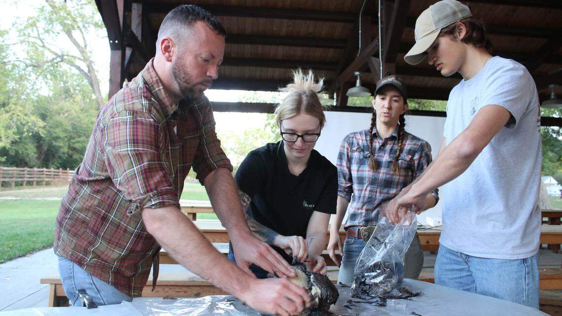 Erik Hyde, Shyanna Robertson and Ethan Priefert work together to pluck a chicken as Grace Fritz, supervisor of stagecoach operations and agriculture at Mahaffie, watches.
