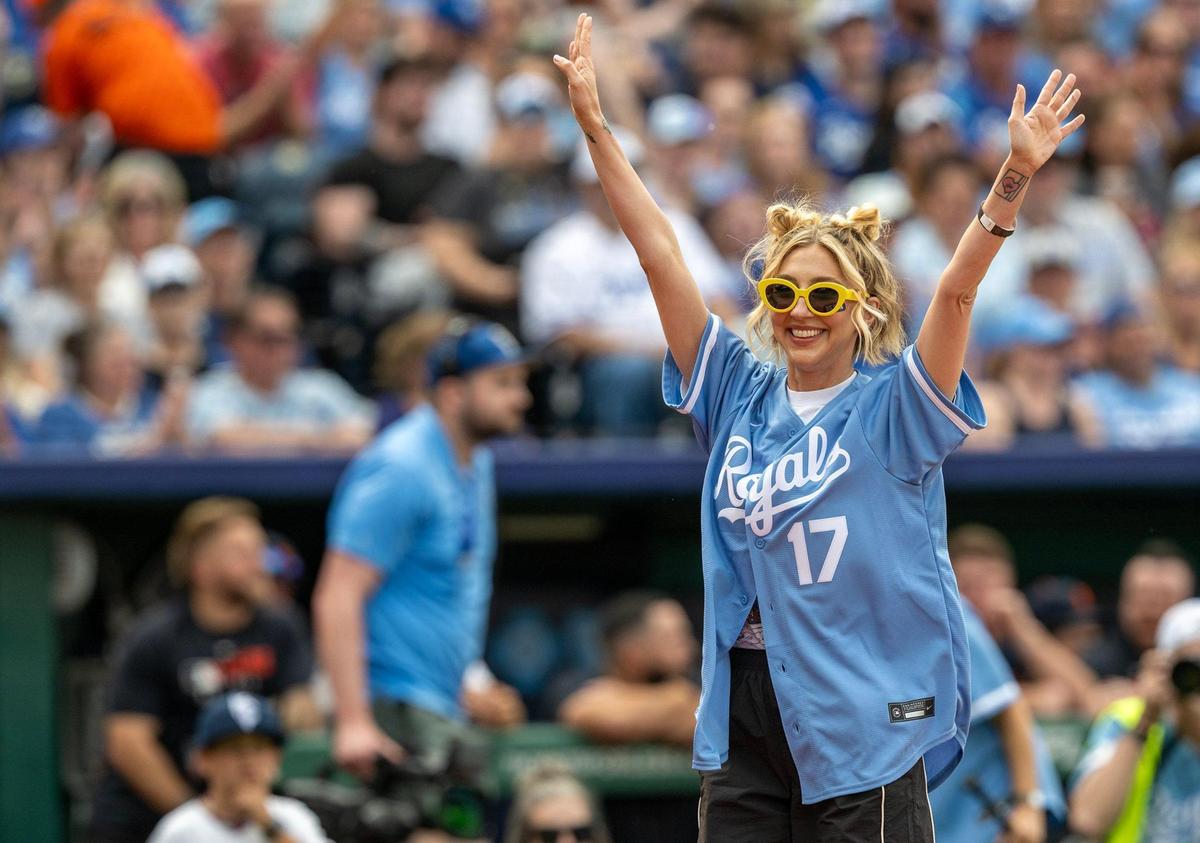 Heidi Gardner, host, celebrates as she scores a run during the Big Slick Celebrity Softball game on Friday, May 30, 2025, at Kauffman Stadium in Kansas City.
