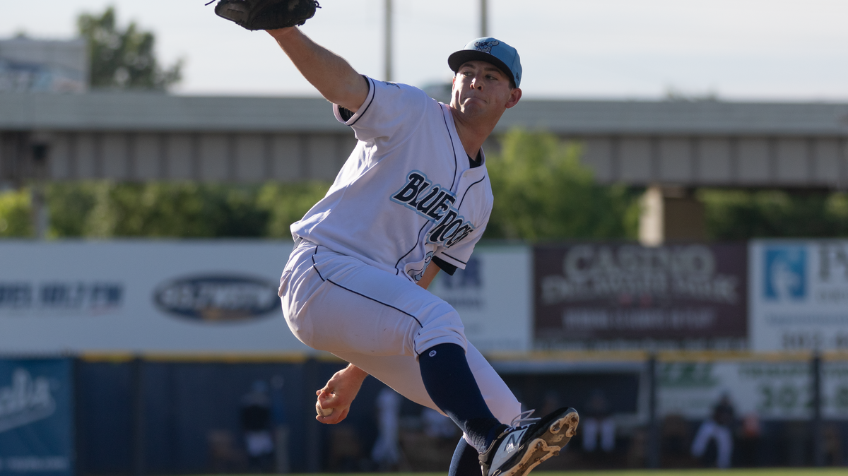 Royals prospect Kris Bubic goes into his unconventional wind-up for the team’s High-A affliate, the Wilmington Blue Rocks.