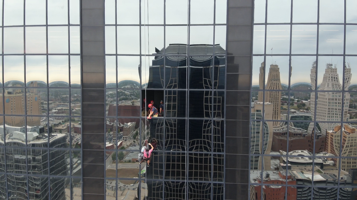 Kansas City firefighters responded shortly before 10:15 a.m. Tuesday, Sept. 24, to the 1200 block of Baltimore Avenue on a report of a window washer stuck on the side of One Kansas City Place, the city’s tallest building, after his main harness broke. A glass worker who happened to be on site helped firefighters rescue the window washer.