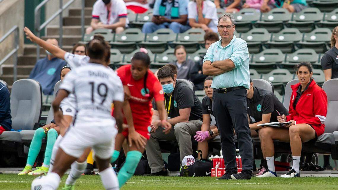 Kansas City head Coach Huw Williams watches the run of play during a match against the Portland Thorns on October 10, 2021, at Legends Field in Kansas City, Kansas.