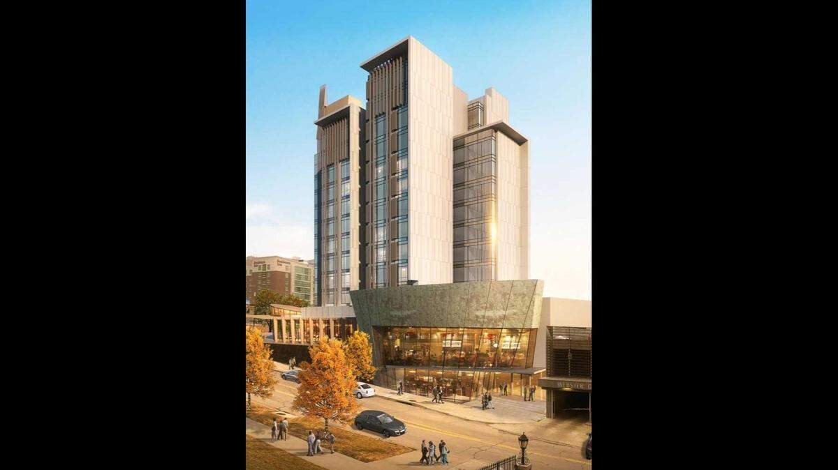 A rendering shows the proposed luxury hotel planned on Wyandotte Street near the Kauffman Center for the Performing Arts.