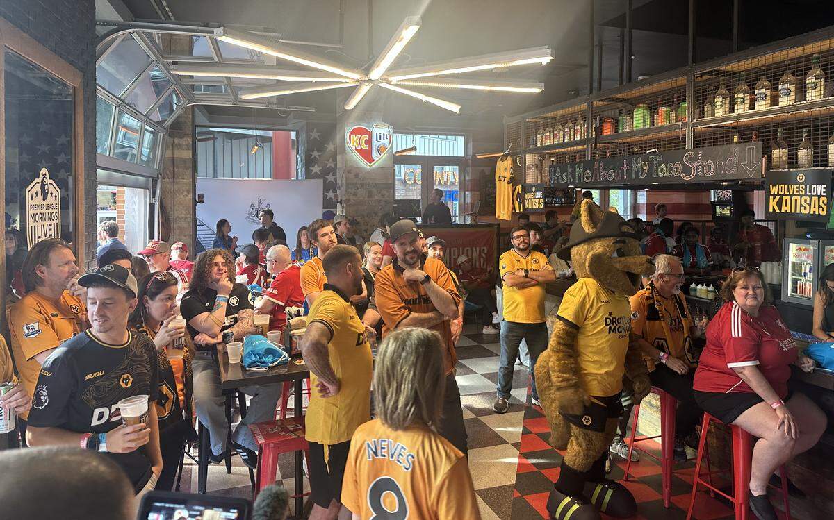 Wolves fans gather inside at KC Power & Light to watch their team Saturday, Sept. 20, 2025, as part of the Premier League Fan Fest in Kansas City.