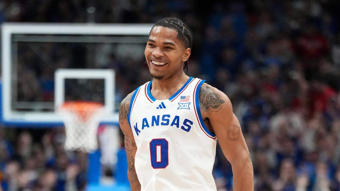 Kansas Jayhawks guard Shakeel Moore (0) celebrates after a score against the Brown Bears during the second half at Allen Fieldhouse on Dec. 22, 2024.