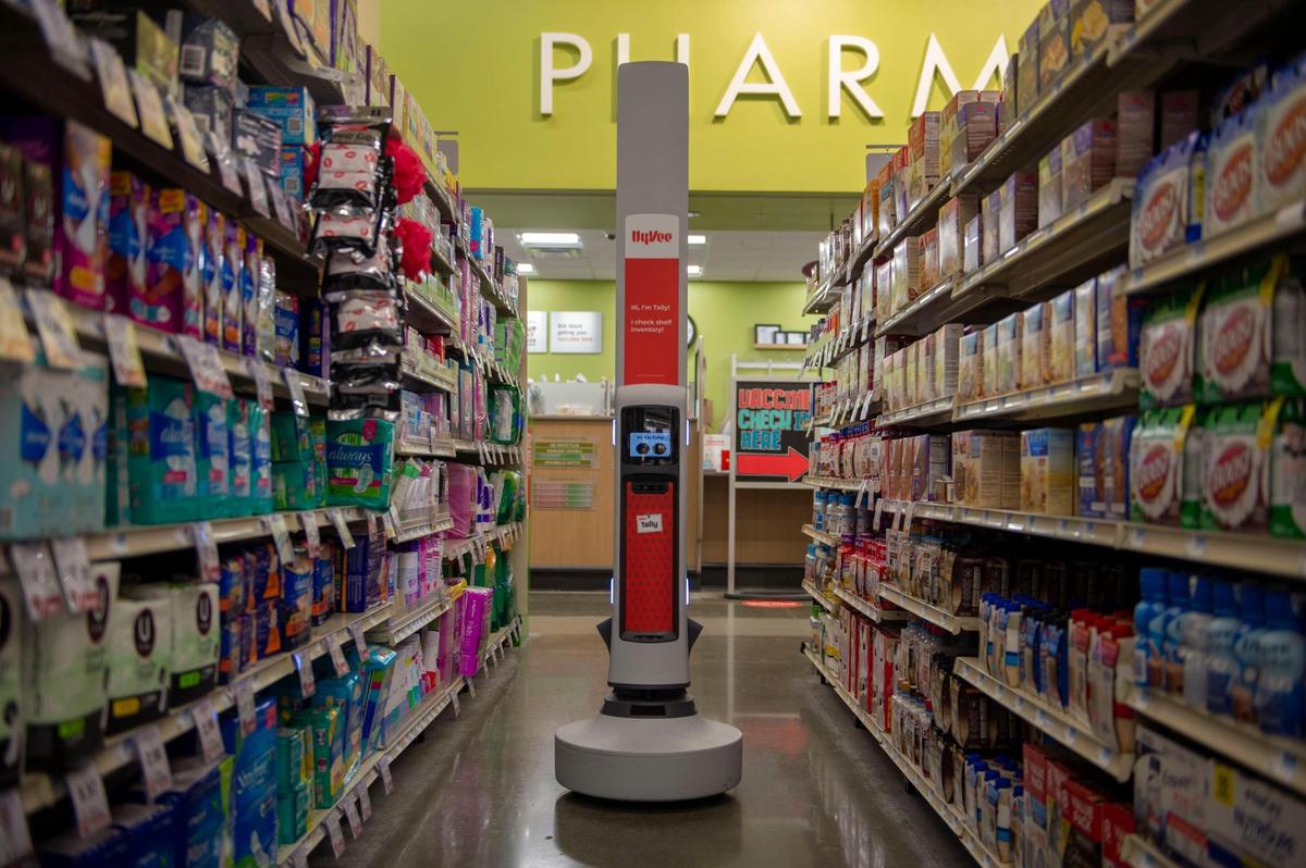 An inventory robot named Tally swivels its way through aisles at Hy-Vee in Lee’s Summit. It checks the amount of product on hand and emails the store if something needs restocking.
