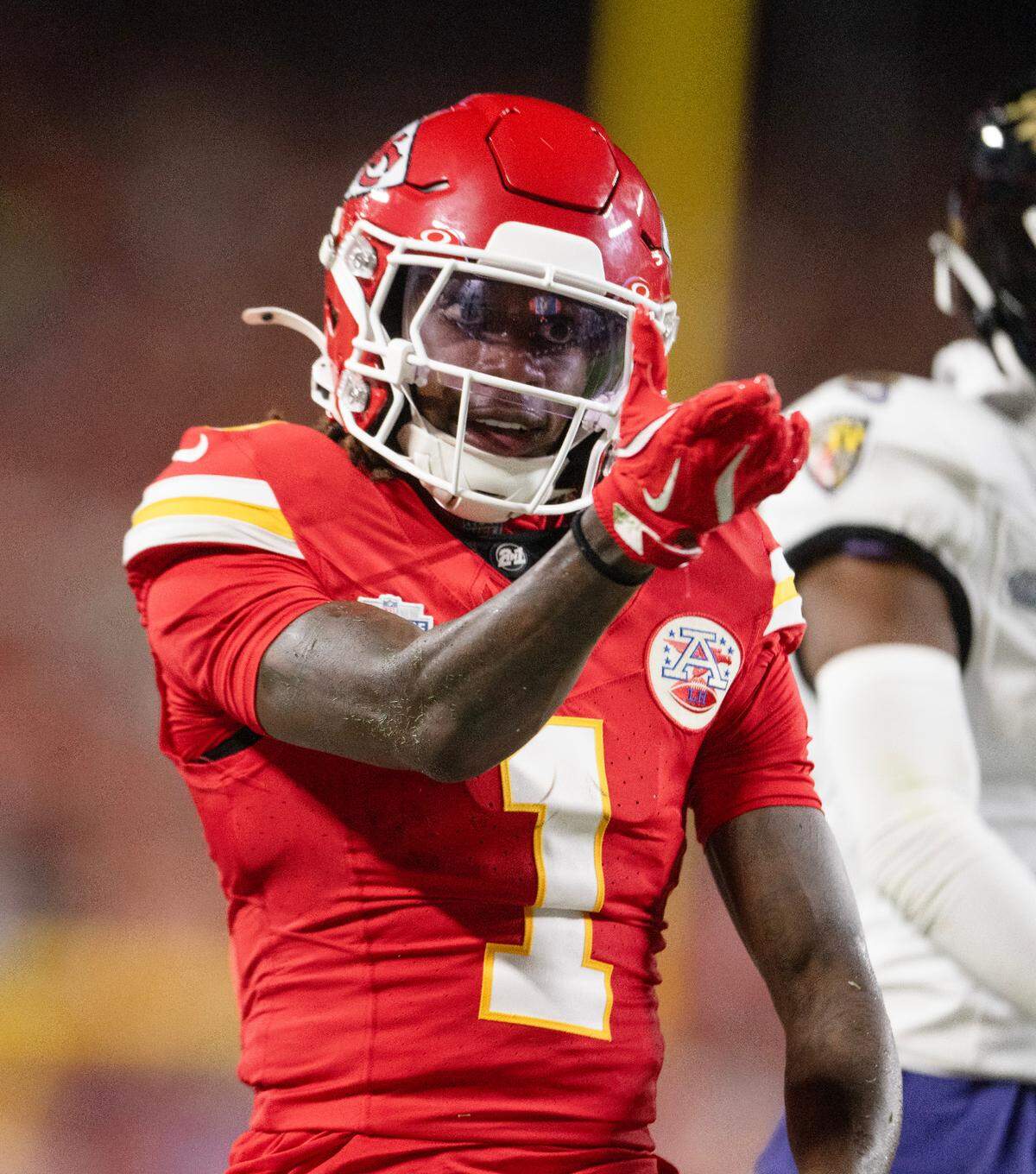 Kansas City Chiefs wide receiver Xavier Worthy celebrates after gaining yardage against the Baltimore Ravens in the first half Thursday, Sept. 5, 2024, at GEHA Field at Arrowhead Stadium.