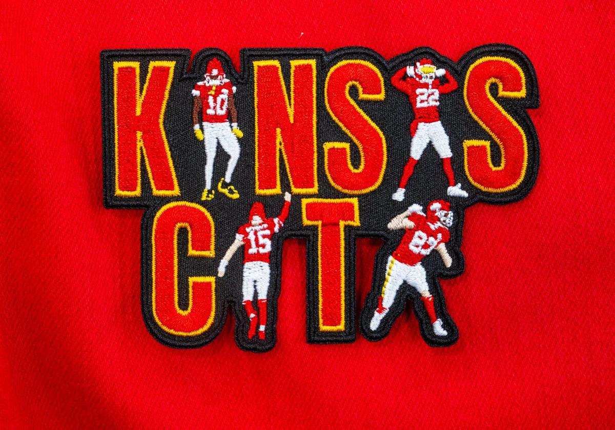 A Chiefs-themed patch designed by Melissa Wassergord features Chiefs quarterback Patrick Mahomes (15), running back Isiah Pacheco (10), corner back Trent McDuffie (22) and tight end Travis Kelce (87).