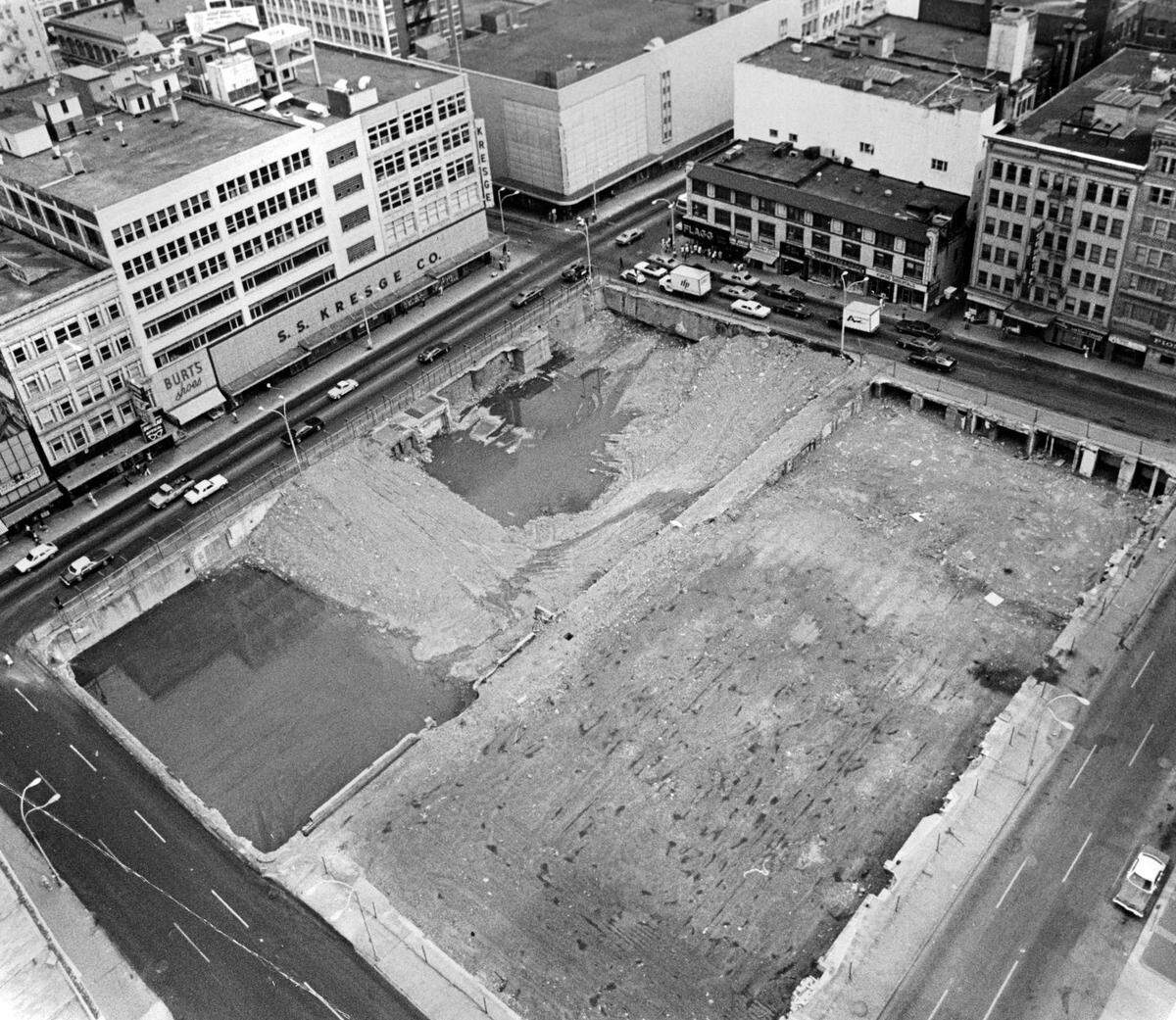 An aerial view of Block 92 in Downtown Kansas City reveals the pools of water that had collected in the excavated areas prior to the completion of the City Center Square.