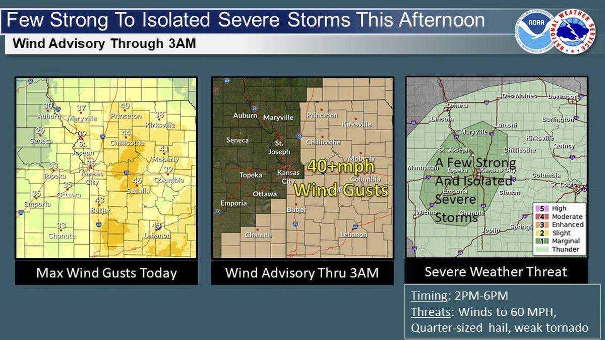 A few strong to severe thunderstorms are possible this Tuesday afternoon in the Kansas City area. While gusty winds and small hail are the biggest threat, a weak, isolated tornado cannot be ruled out, the National Weather Service said.