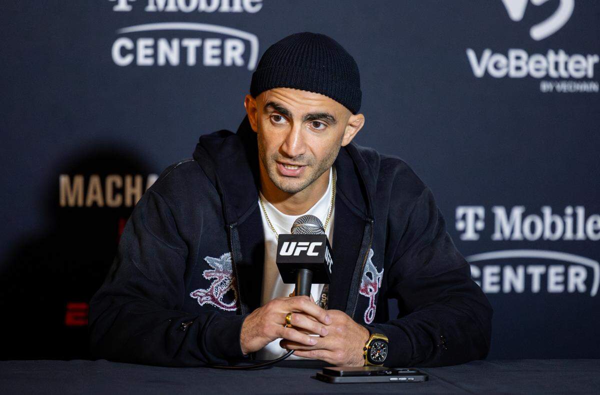 UFC featherweight Giga Chikadze speaks with the media ahead of his bout with David Onama on the main card of UFC Fight Night: Machado Garry vs. Prates at the T-Mobile Center in Kansas City on Saturday night.