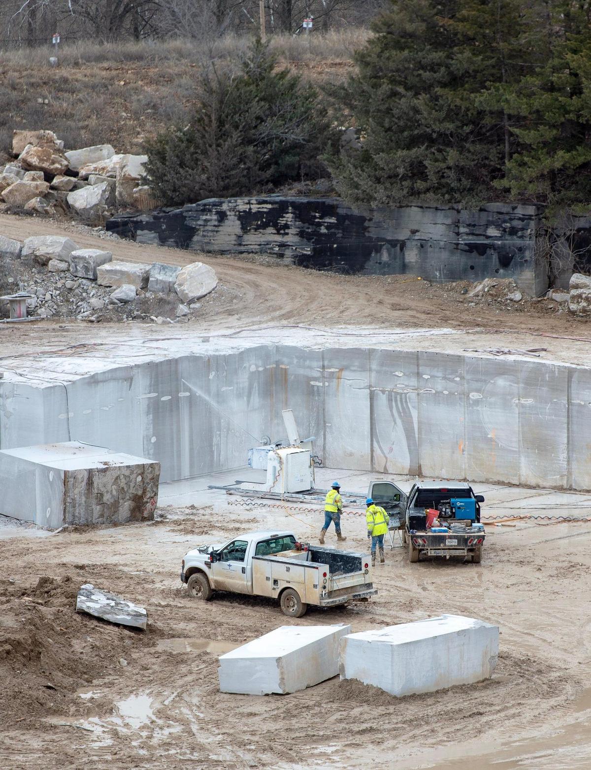The new terminal at the Kansas City International Airport features a large wall of marble mined from this quarry at Phenix Marble Co.