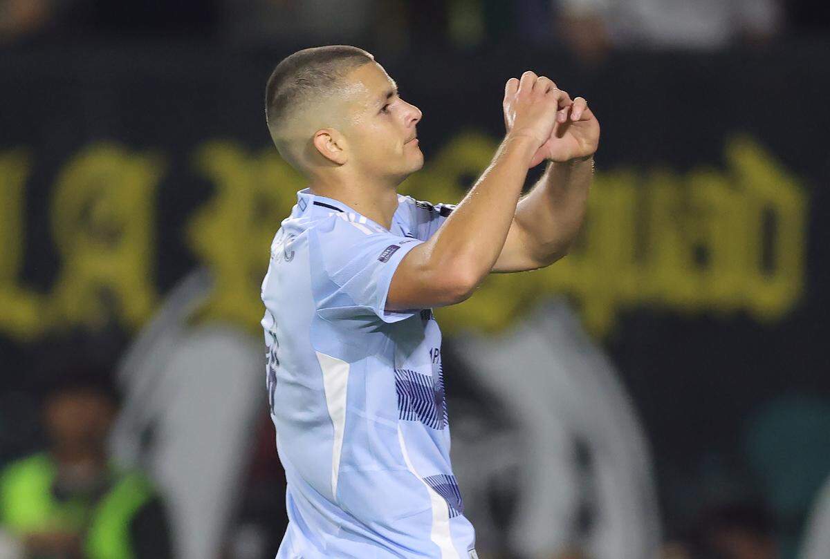 Dejan Joveljić #9 of the Sporting Kansas City celebrates a goal against the Los Angeles Galaxy during the first half at Dignity Health Sports Park on March 14, 2026 in Carson, California.