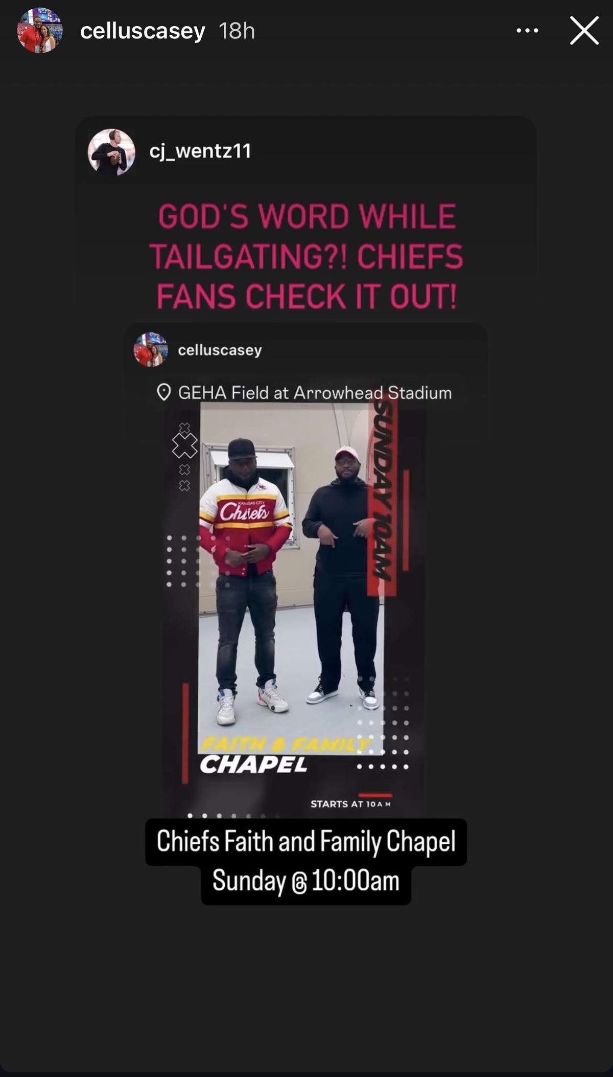 Chiefs back-up quarterback Carson Wentz spread word of the Word before Sunday’s game.
