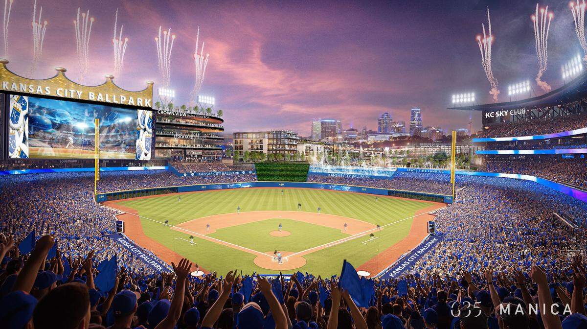 See the rendering for a proposal for a new Kansas City Royals stadium in West Bottoms in KC. The idea sits the stadium on state line.
