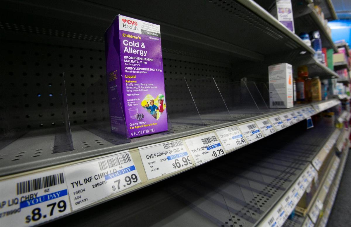 Shelves at stores like the CVS at 11124 Holmes Road and around the Kansas metro have a shortage of children’s cold and flu remedies due to multiple epidemics.