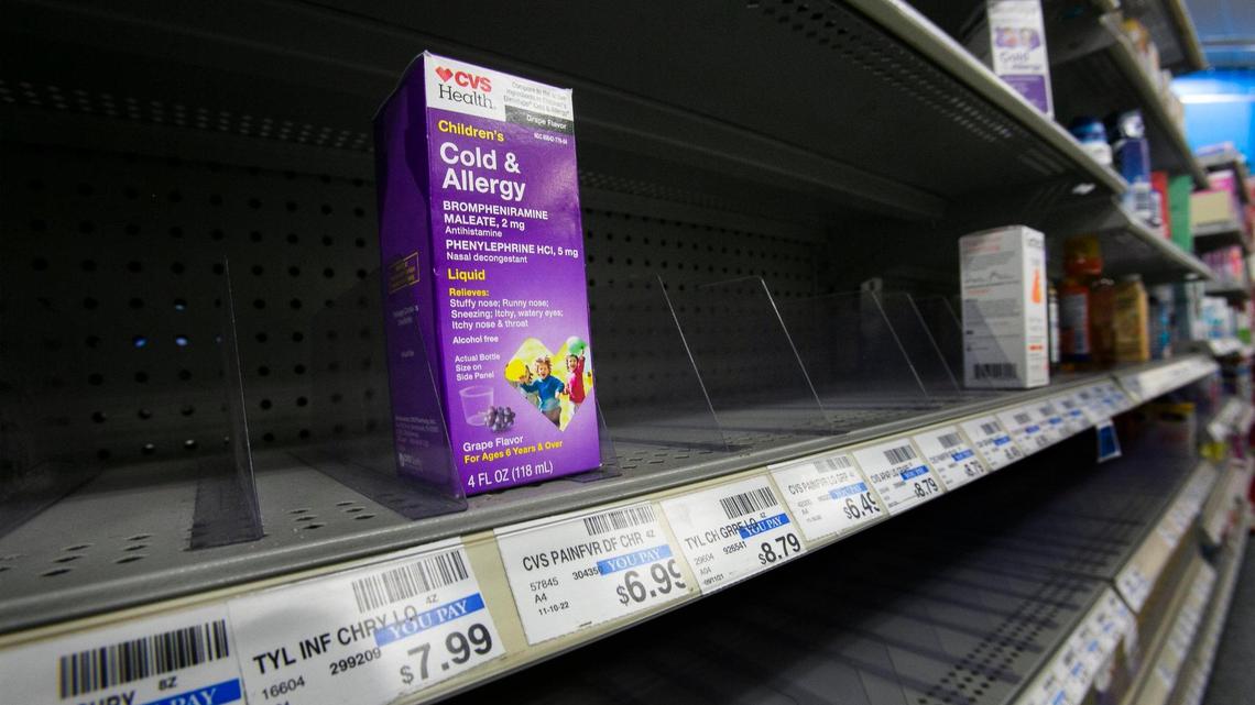 File photo of empty shelves for cold and flu remedies at a Kansas City area CVS.