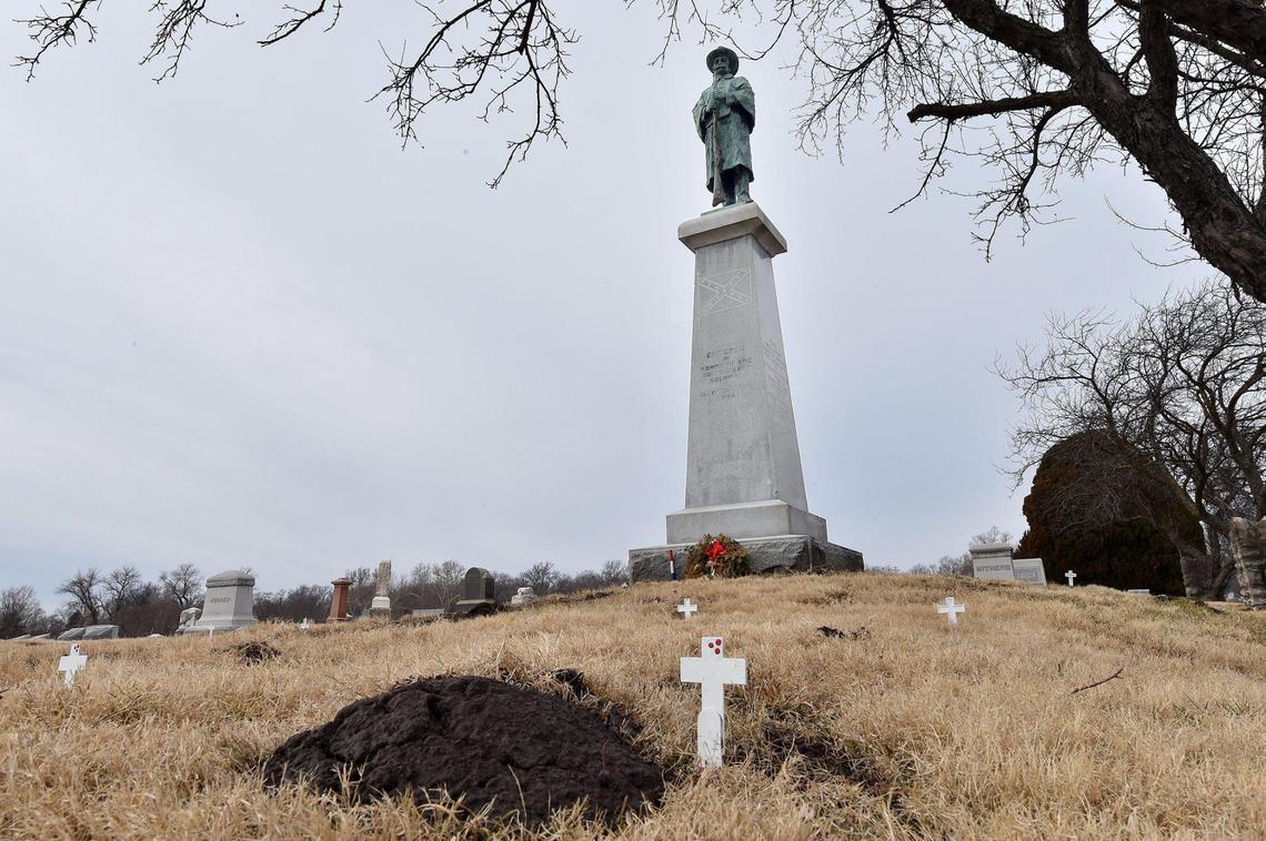 Critics said a Confederate monument in Fairview & New Hope Cemeteries in Liberty is a symbol of racism and not a grave marker. In November, the statue’s defenders installed a plaque bearing the names of some Confederate veterans buried at the site and placed small white crosses to symbolize their graves