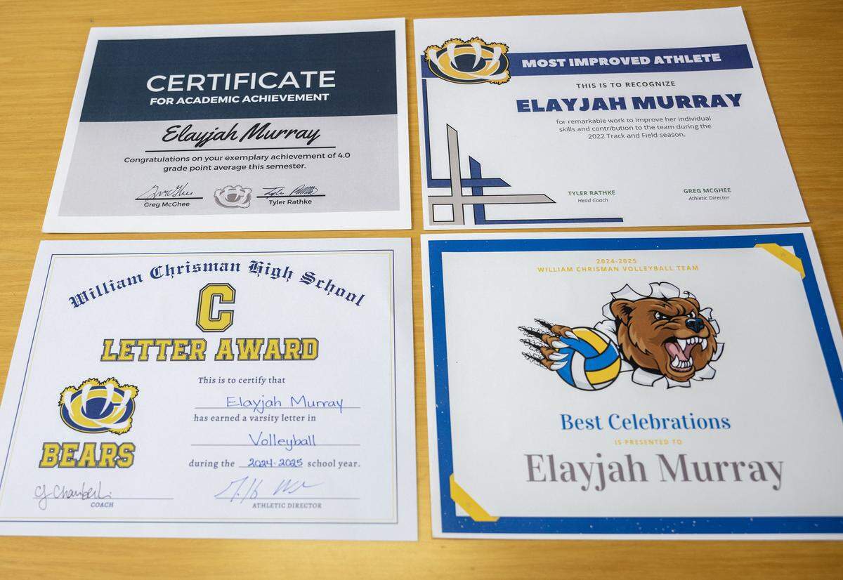 Certificates and awards belonging to Elayjah Murray are displayed during a press conference at KC Mothers in Charge inside the Mohart Building on Wednesday, Dec. 3, 2025, in Kansas City.