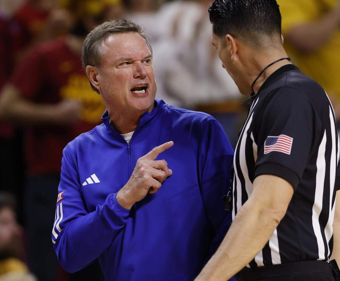 Head coach Bill Self of the Kansas Jayhawks reacts to a call from an offical in the first half against the Iowa State Cyclones at Hilton Coliseum on February 14, 2026 in Ames, Iowa.