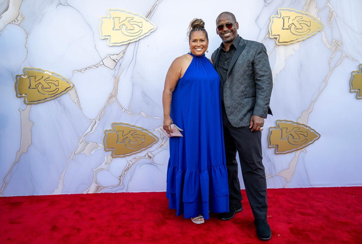 Dave Merritt, Chiefs defensive backs coach, and his wife Yolanda, walked the red carpet before the Super Bowl LVIII championship ring presentation event.