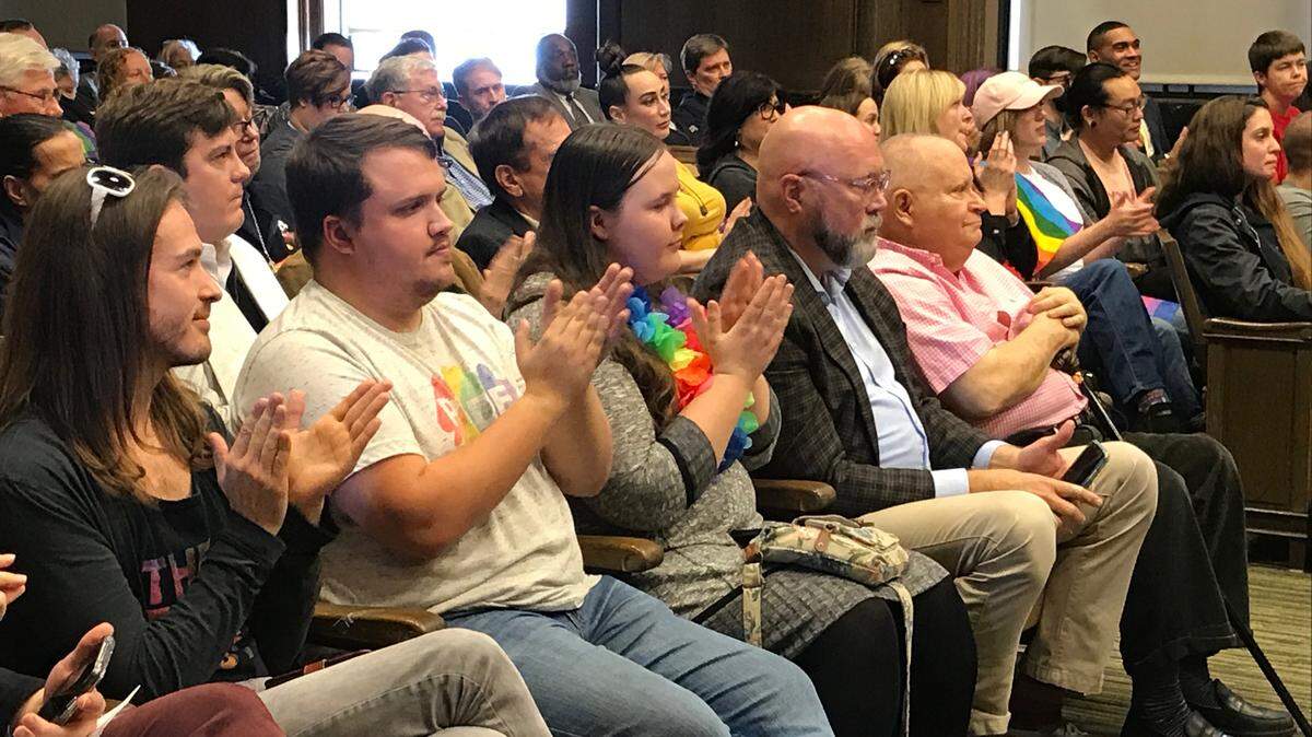 Supporters of a proposed ban on conversion therapy for minors in Kansas City attended the City Council’s Finance, Governance and Public Safety Committee meeting in November 2019.