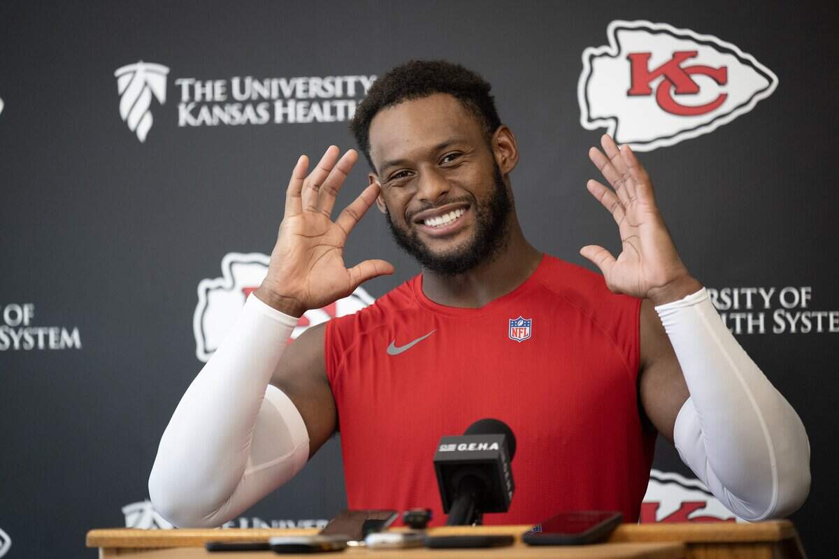 Kansas City Chiefs wide receiver JuJu Smith-Schuster (9) smiles as he talks to the media after practice at team's training facility on Wednesday, August 20, 2025. in Kansas City