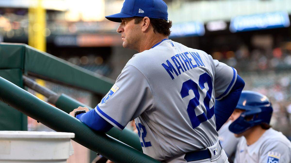 Kansas City Royals manager Mike Matheny watches his team play against the Detroit Tigers in the second inning of a baseball game, Saturday, Sept. 3, 2022, in Detroit. (AP Photo/Jose Juarez)