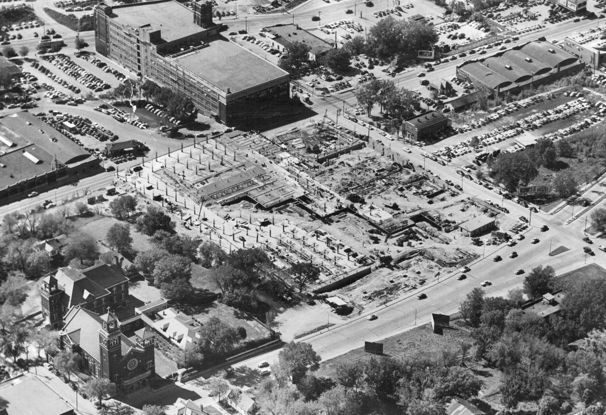 In this undated aerial photo, construction of Hallmark’s $8 million plant is underway, with work approximately 25% completed. The building, designed with a sloping terrain, will feature five floors, including a seventh-level floor with the largest single space, and will cover 760,000 square feet.