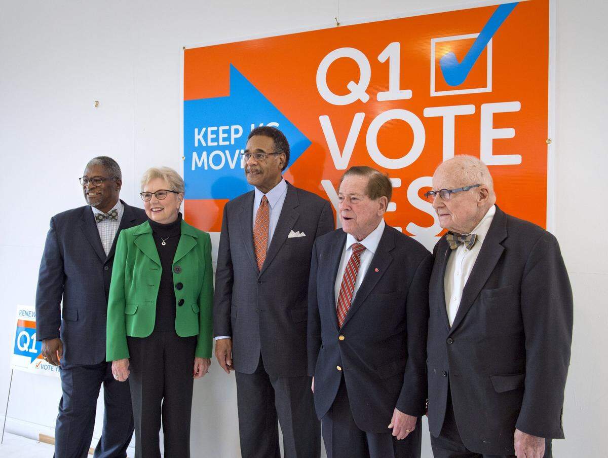 Kansas City mayor Sly James (from left) posed with former mayors Kay Barnes, Emanuel Cleaver, Richard L. Berkley and Charles B. Wheeler on Wednesday, March 30, 2016, as they gathered in support of the earnings tax.