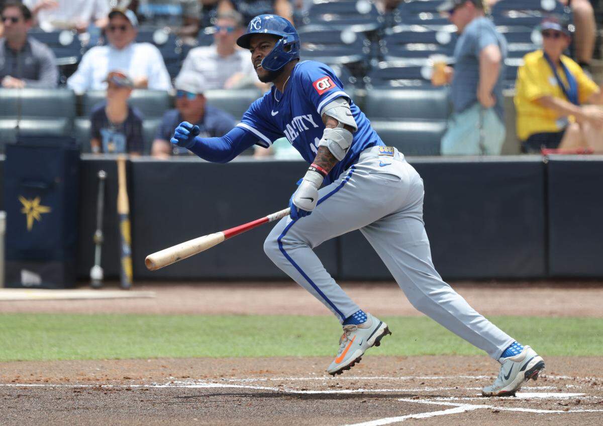 Kansas City Royals third base Maikel Garcia (11) singles against the Tampa Bay Rays during the second inning at George M. Steinbrenner Field on May 1, 2025 in Tampa, Florida, USA.