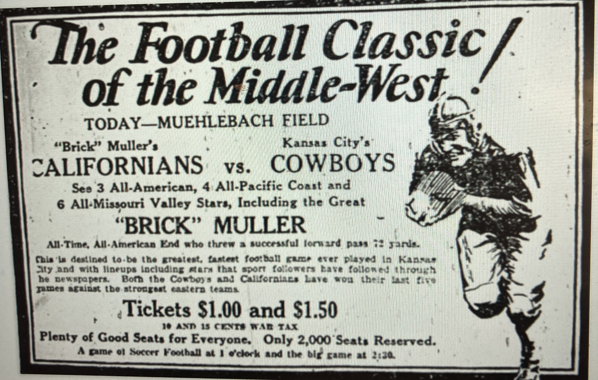 A newspaper advertisement touts the upcoming “Middle-West Classic” game between the KC Cowboys and Californians and Kansas City’s Muehlebach Field.