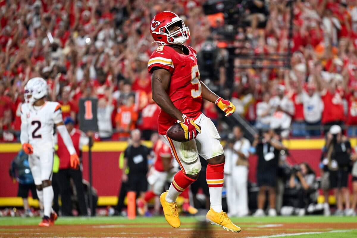 Kansas City Chiefs running back Kenneth Walker III (9) celebrates after scoring a touchdown in the second half of the Kansas City Chiefs vs. Denver Broncos NFL season opener at Arrowhead Stadium in Kansas City on Sept. 14, 2026.