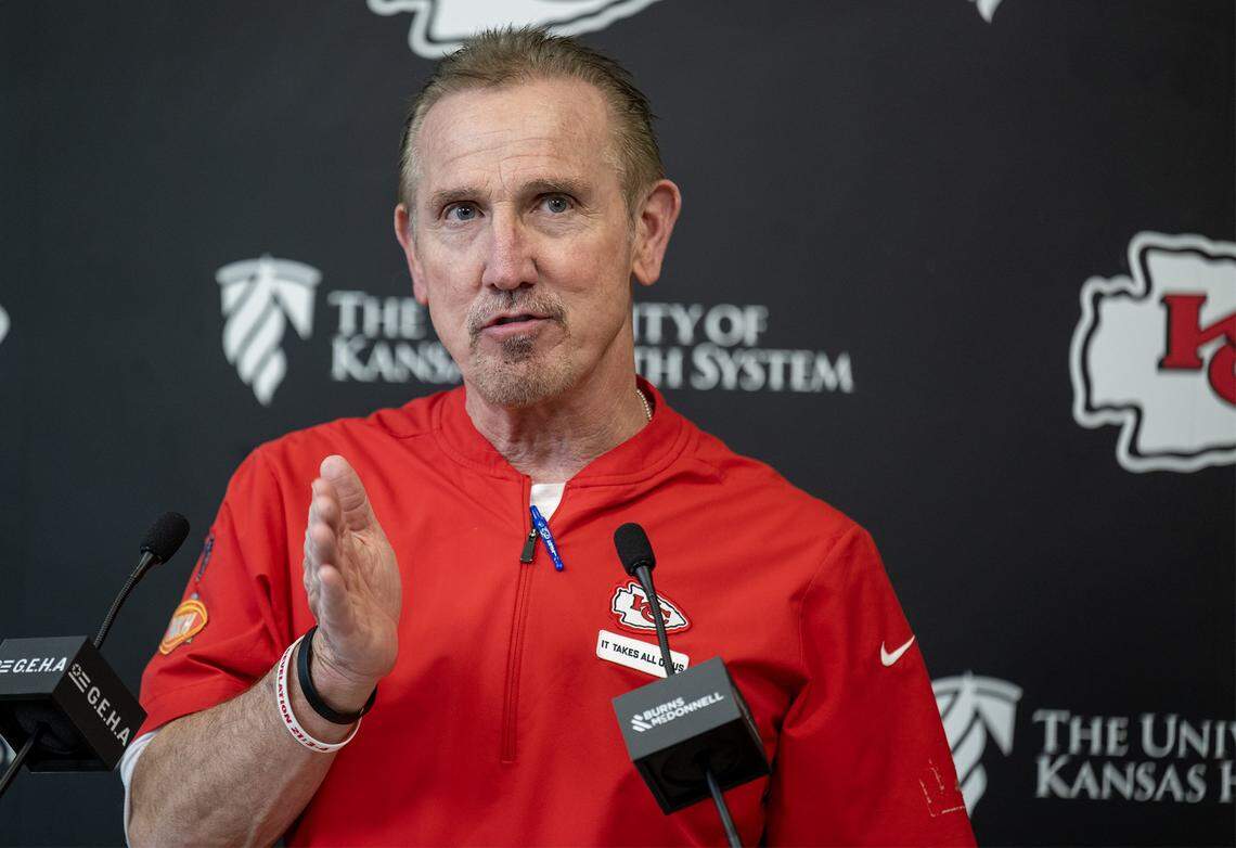 Steve Spagnuolo, Chiefs defensive coordinator, speaks with the media during availability Thursday, Dec. 11, 2025, at the team's training facility in Kansas City.