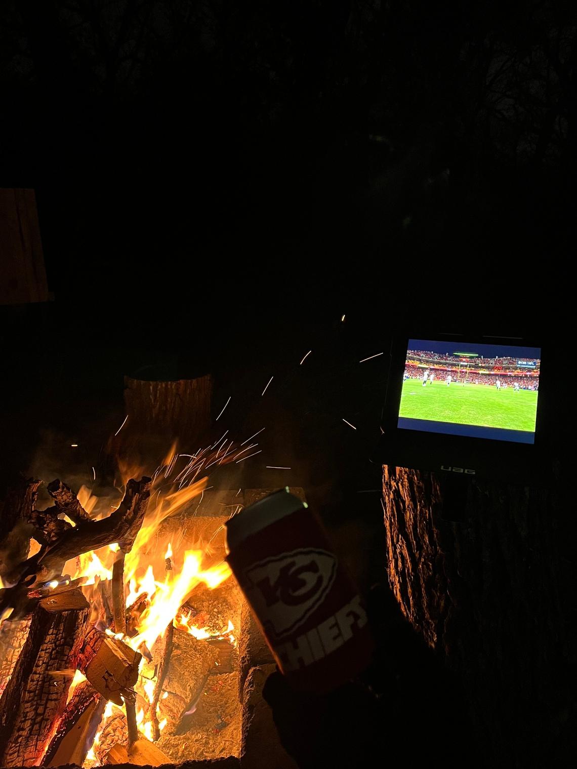 Larry Sumpter withstood the Denton, Texas cold to watch the AFC Championship game on Jan. 29 outside by his fire pit. It worked for that game, so he’s planning to do the same for the Super Bowl on Sunday.