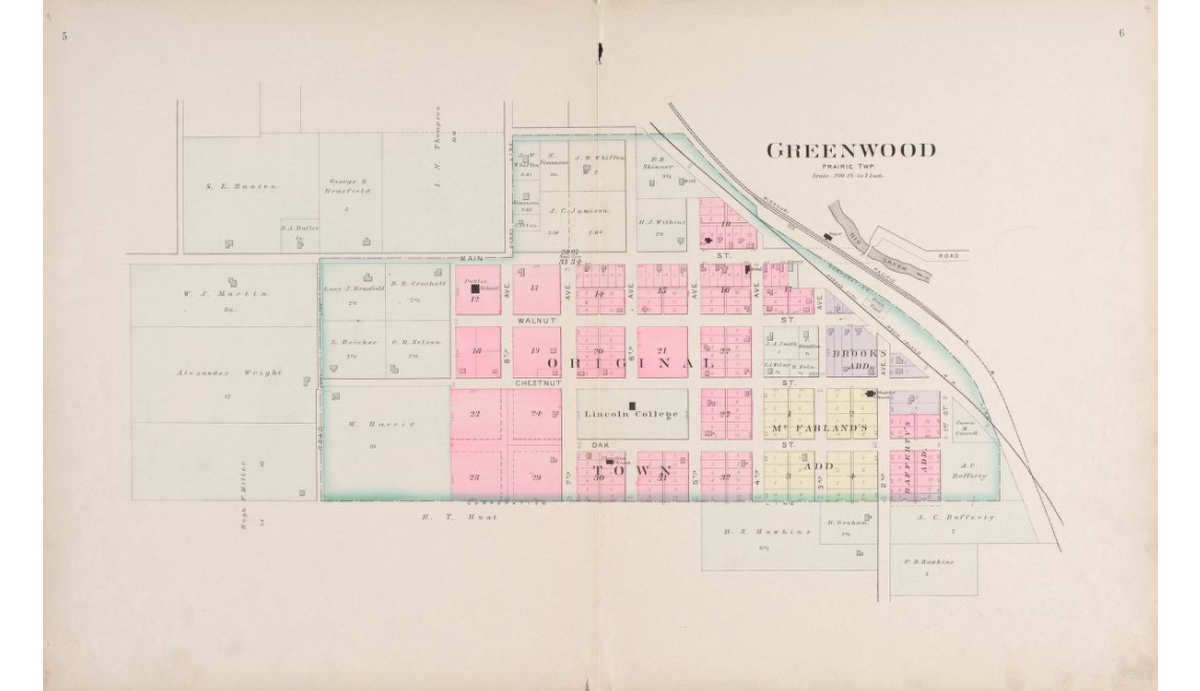Greenwood map showing location of Lincoln College.